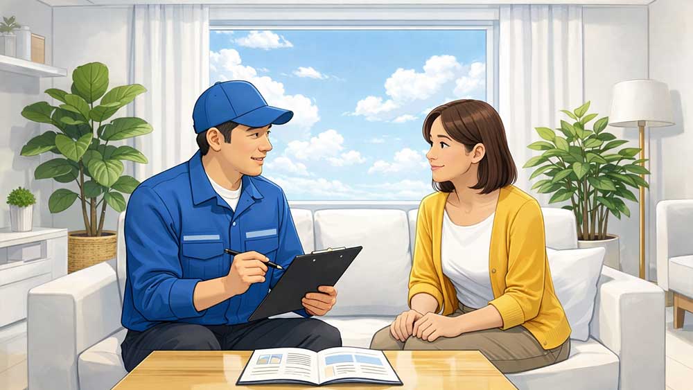 하수구도우미 전화 상담 후 현장 진단과 작업 설명을 안내하는 일러스트