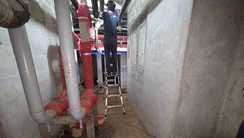 저층 역류 원인 점검 중인 횡주관 확인 장면